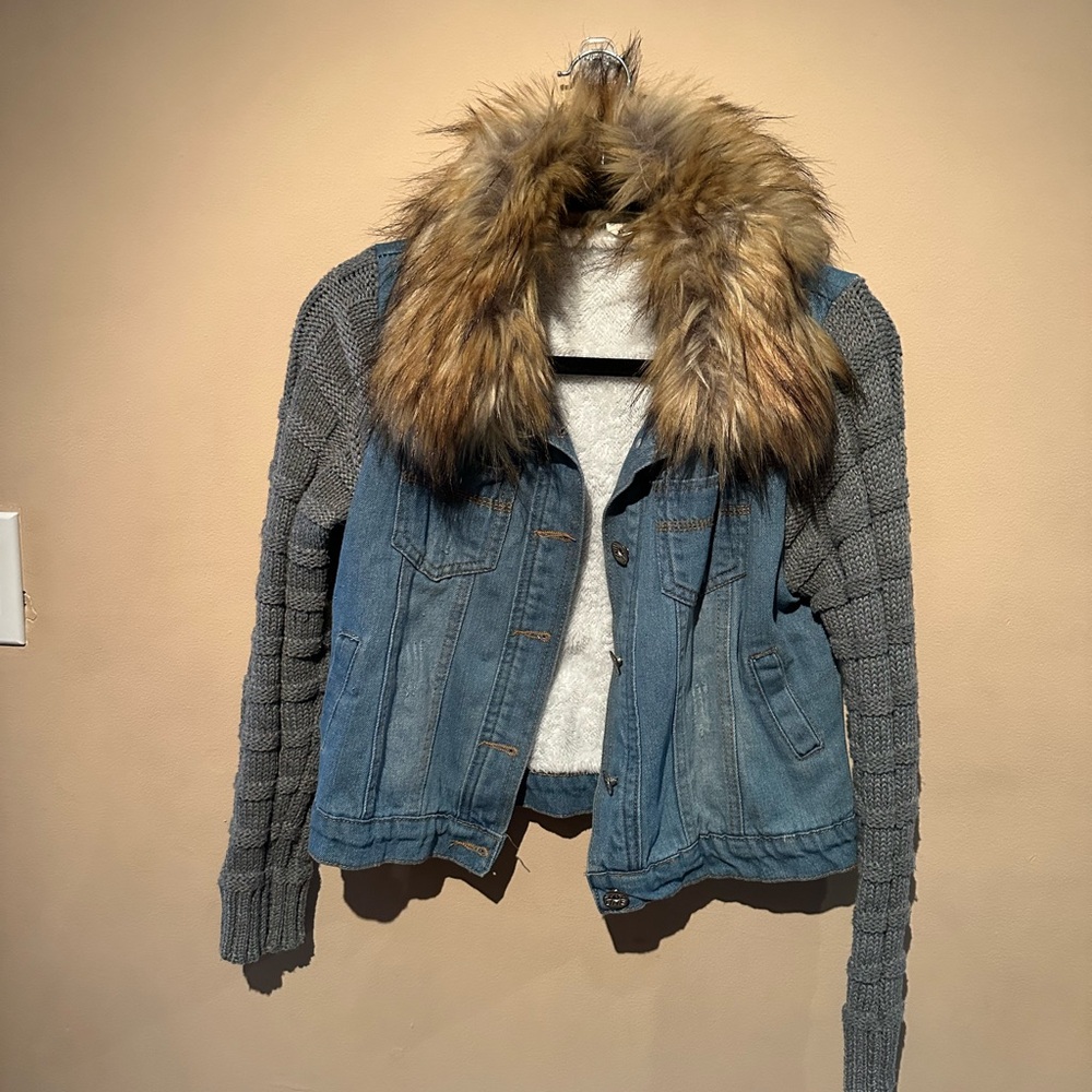 Denim Jacket with Faux Fur Collar